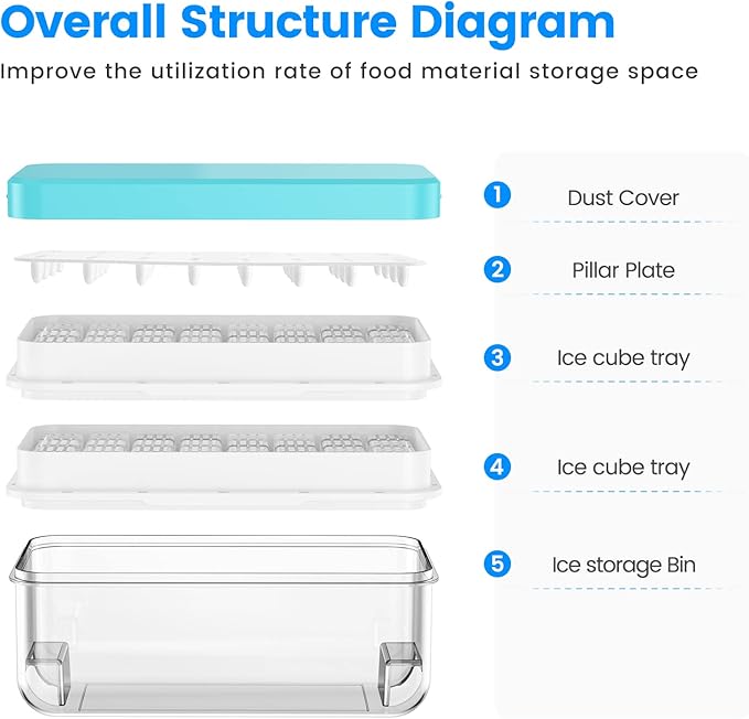 Ice Cube Tray with Lid and Bin, 64 pcs Ice Trays for Freezer, Ice Cube Trays for Freezer with 2 trays, Container, Lid & Ice Scoop, BPA Free