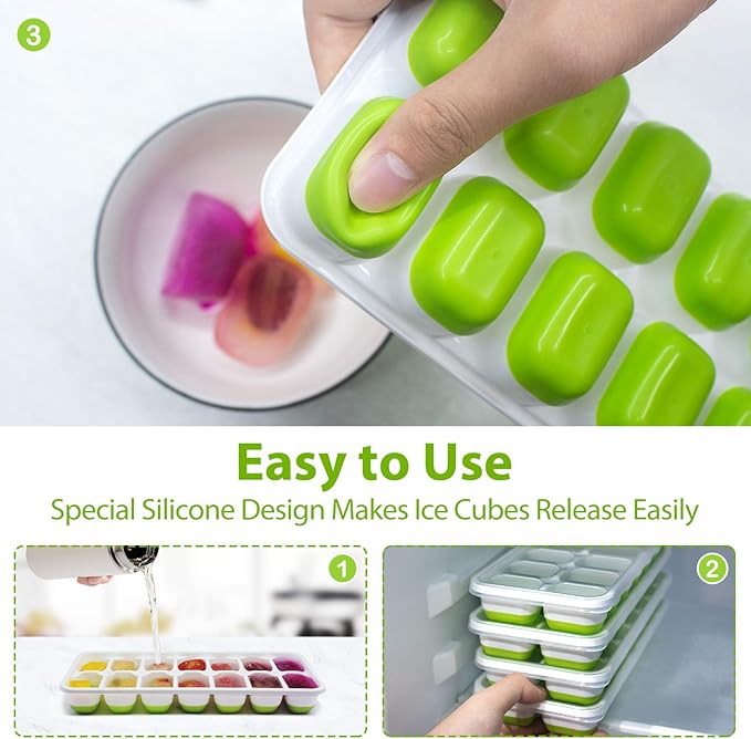 Ice Cube Trays 4 Pack, 56 pcs Silicone Ice Cubes Tray Maker with Spill-Resistant Removable Lid, Easy Release & Pop out, Stackable Flexible, for Soup. Food, Cocktail, Coffee