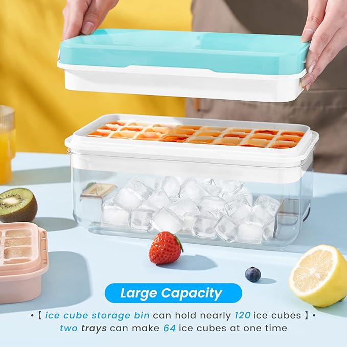 Ice Cube Tray with Lid and Bin, 64 pcs Ice Trays for Freezer, Ice Cube Trays for Freezer with 2 trays, Container, Lid & Ice Scoop, BPA Free