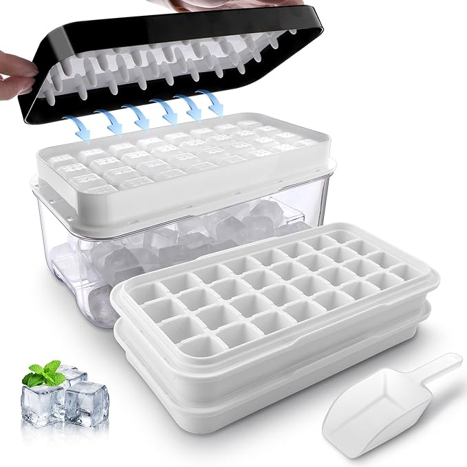 Ice Trays for Freezer with Lid and Bin,Ice Cube Trays for Freezer with 2 Trays,Easy Release 64 Pcs Ice for Chilling Cocktails Whiskey, BPA Free (Black)