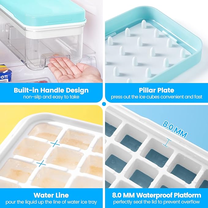 Ice Cube Tray with Lid and Bin, 64 pcs Ice Trays for Freezer, Ice Cube Trays for Freezer with 2 trays, Container, Lid & Ice Scoop, BPA Free