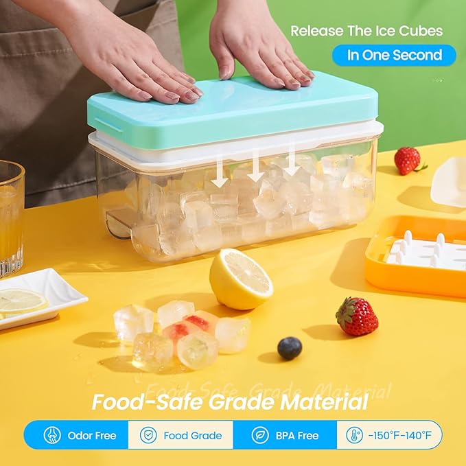 Ice Cube Tray with Lid and Bin, 64 pcs Ice Trays for Freezer, Ice Cube Trays for Freezer with 2 trays, Container, Lid & Ice Scoop, BPA Free