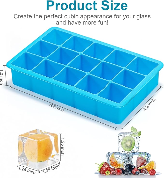 2 Pack Ice Cube Trays, Silicone Easy Release Flexible Molds 15 Ice Cubes Tray for Freezer,Cocktail,Whiskey,Reusable & BPA Free