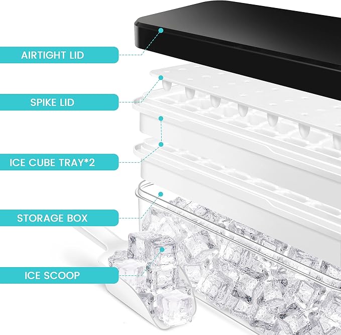 Ice Trays for Freezer with Lid and Bin,Ice Cube Trays for Freezer with 2 Trays,Easy Release 64 Pcs Ice for Chilling Cocktails Whiskey, BPA Free (Black)