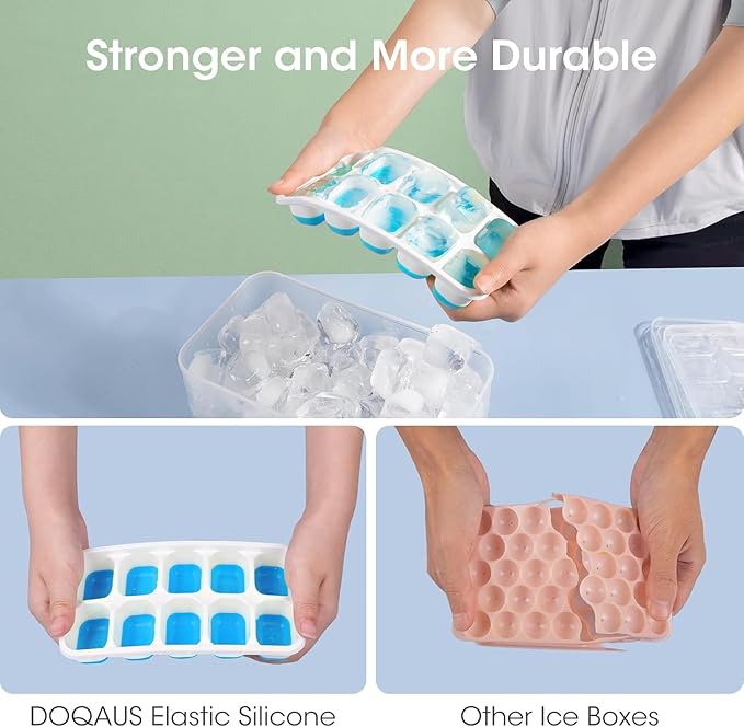 Ice Cube Tray with Lid and Bin, 4 Pack Silicone Plastic Ice Cubes Trays for Freezer with Box/Container, Stackable with Storage Iced Bucket Kits, Scoop, for Soup, Food, Cocktail, Coffee