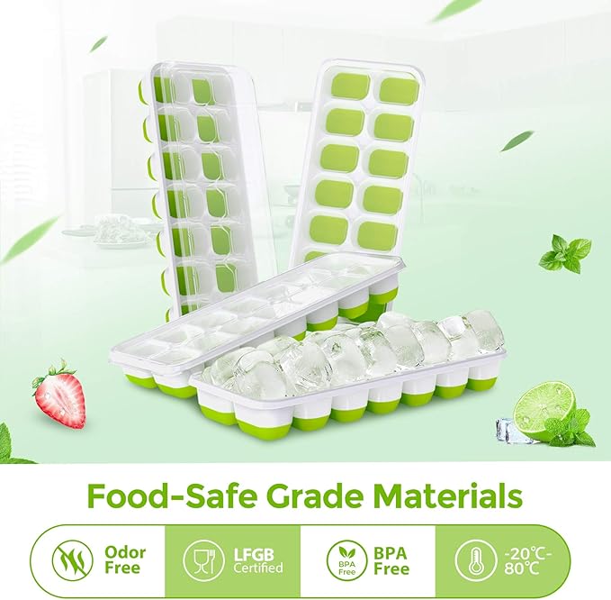 Ice Cube Trays 4 Pack, 56 pcs Silicone Ice Cubes Tray Maker with Spill-Resistant Removable Lid, Easy Release & Pop out, Stackable Flexible, for Soup. Food, Cocktail, Coffee
