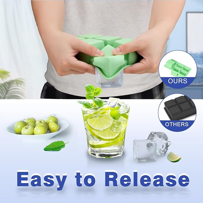 Large Ice Cube Tray for Freezer with Lid, 2Pack Silicone Ice Cube Trays, Big Square Ice Cube Maker for Cocktails, Coffee, Bartender Accessories BPA-Free & Dishwasher (Green)