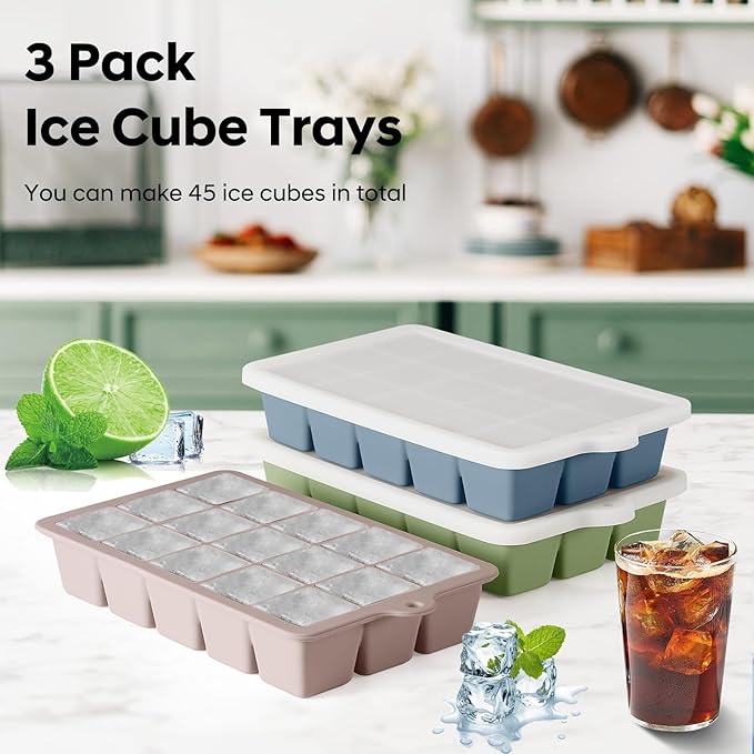 Ice Cube Tray 3 Pack, Ice Cube Mold, Ice Trays for Freezer with Lid for Whiskey, Baby Food, BPA Free, Easy Release