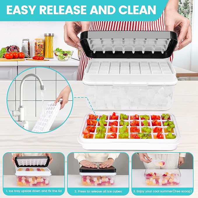 Ice Trays for Freezer with Lid and Bin,Ice Cube Trays for Freezer with 2 Trays,Easy Release 64 Pcs Ice for Chilling Cocktails Whiskey, BPA Free (Black)