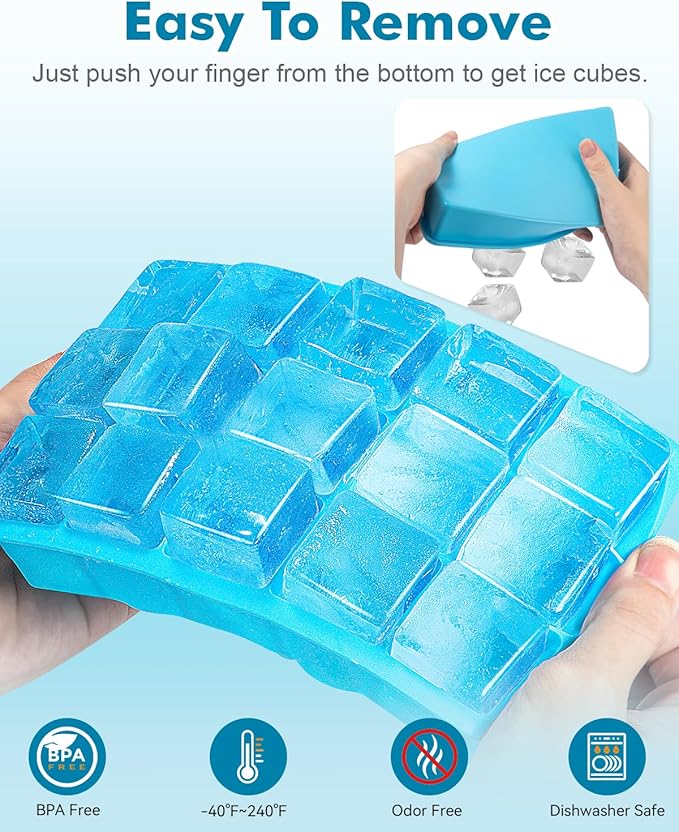 2 Pack Ice Cube Trays, Silicone Easy Release Flexible Molds 15 Ice Cubes Tray for Freezer,Cocktail,Whiskey,Reusable & BPA Free