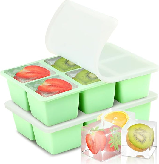 Large Ice Cube Tray for Freezer with Lid, 2Pack Silicone Ice Cube Trays, Big Square Ice Cube Maker for Cocktails, Coffee, Bartender Accessories BPA-Free & Dishwasher (Green)