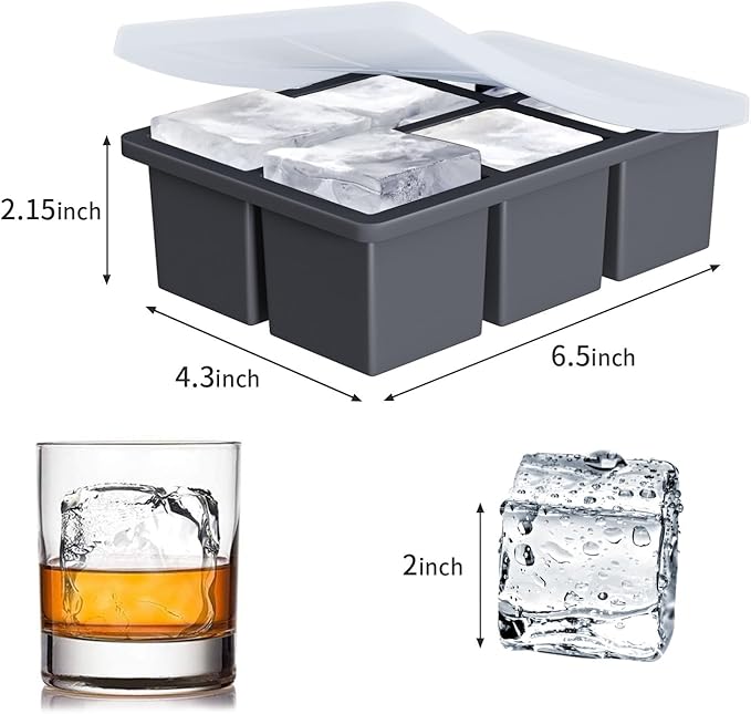 Large Ice Cube Tray for Whiskey:Silicone Ice Cube Trays with Lid - 2Pack Big Square Old Fashioned Ice Cube Maker for Cocktail - 2inch Huge Cubed Ice Trays for Whisky