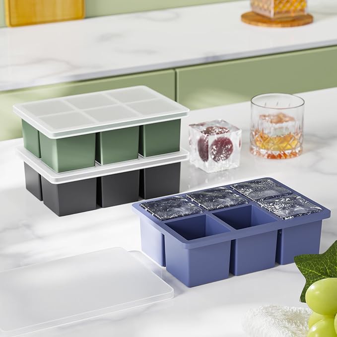 Large Ice Cube Tray for Whiskey: 2inch Big Silicone Ice Trays with Lid for Whisky - 3Pack Old Fashioned Ice Cube Trays for Cocktail - Huge Square Cubed Bourbon Ice Cube Maker
