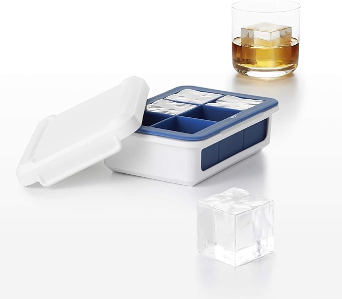 Silicone Stackable Ice Cube Tray with Lid - Large Cube,Dark Blue