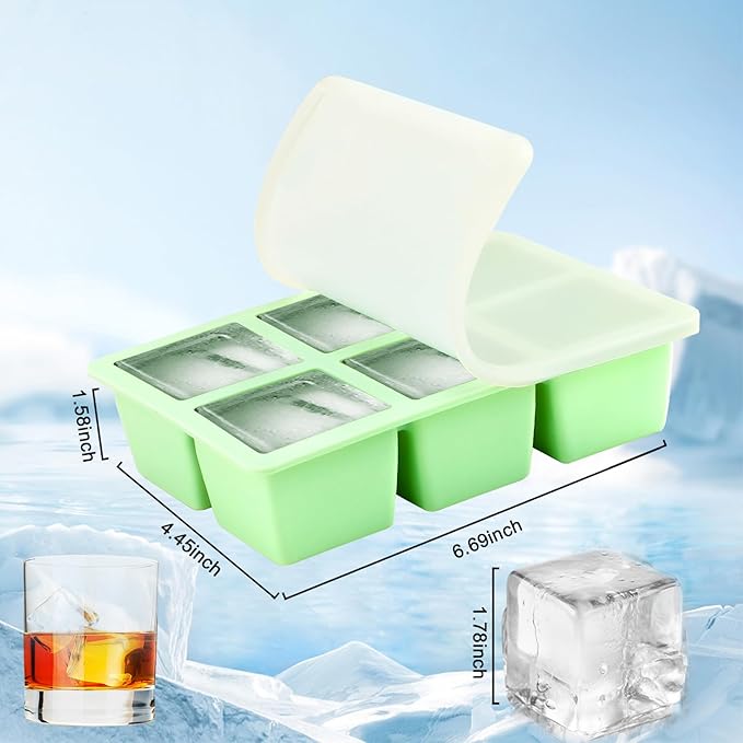 Large Ice Cube Tray for Freezer with Lid, 2Pack Silicone Ice Cube Trays, Big Square Ice Cube Maker for Cocktails, Coffee, Bartender Accessories BPA-Free & Dishwasher (Green)