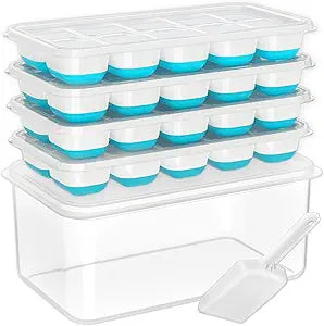 Ice Cube Tray with Lid and Bin, 4 Pack Silicone Plastic Ice Cubes Trays for Freezer with Box/Container, Stackable with Storage Iced Bucket Kits, Scoop, for Soup, Food, Cocktail, Coffee