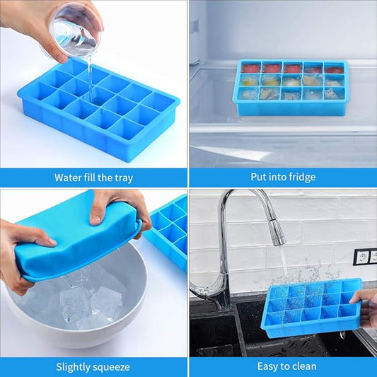 2 Pack Ice Cube Trays,  Silicone Easy Release Flexible Molds 15 Ice Cubes Tray for Freezer，Cocktail，Whiskey，Reusable & BPA Free