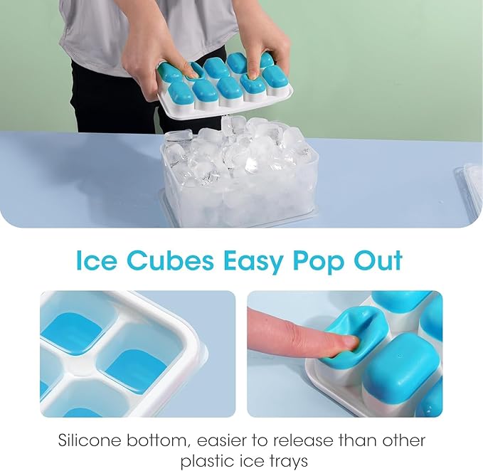 Ice Cube Tray with Lid and Bin, 4 Pack Silicone Plastic Ice Cubes Trays for Freezer with Box/Container, Stackable with Storage Iced Bucket Kits, Scoop, for Soup, Food, Cocktail, Coffee