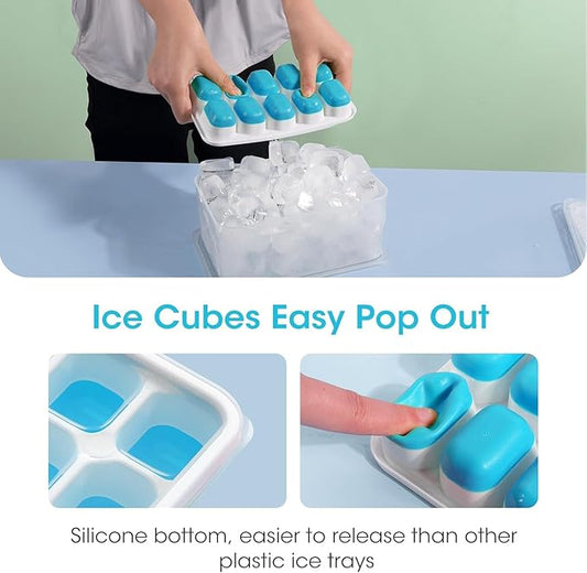 Ice Cube Tray with Lid and Bin, 4 Pack Silicone Plastic Ice Cubes Trays for Freezer with Box/Container, Stackable with Storage Iced Bucket Kits, Scoop, for Soup, Food, Cocktail, Coffee