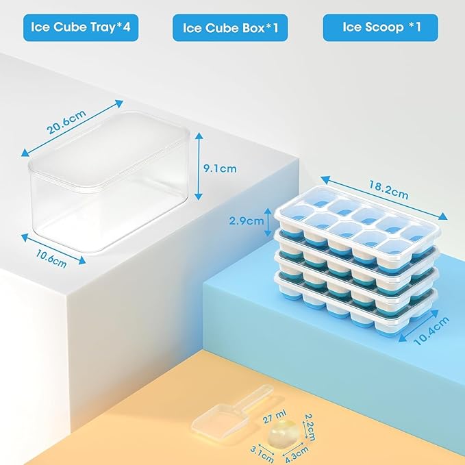 Ice Cube Tray with Lid and Bin, 4 Pack Silicone Plastic Ice Cubes Trays for Freezer with Box/Container, Stackable with Storage Iced Bucket Kits, Scoop, for Soup, Food, Cocktail, Coffee
