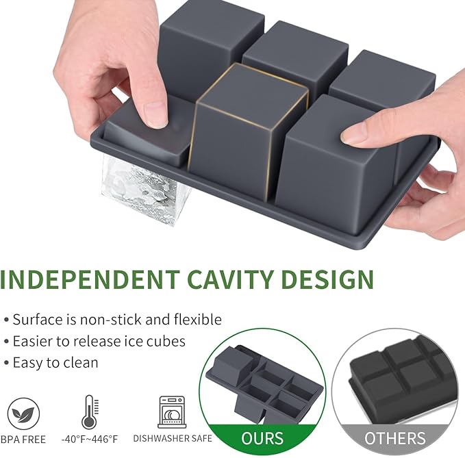 Large Ice Cube Tray for Whiskey:Silicone Ice Cube Trays with Lid - 2Pack Big Square Old Fashioned Ice Cube Maker for Cocktail - 2inch Huge Cubed Ice Trays for Whisky