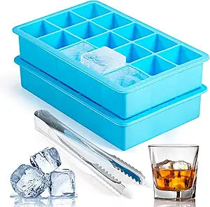 2 Pack Ice Cube Trays,  Silicone Easy Release Flexible Molds 15 Ice Cubes Tray for Freezer，Cocktail，Whiskey，Reusable & BPA Free