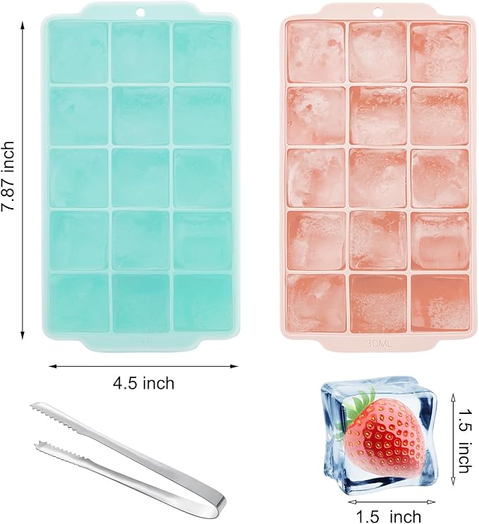 Ice Cube Tray, Ice Tray for Freezer with Lid, 2 Pack Silicone Ice Cube Trays for Freezer with15 Flexible Easy Release Ice Trays