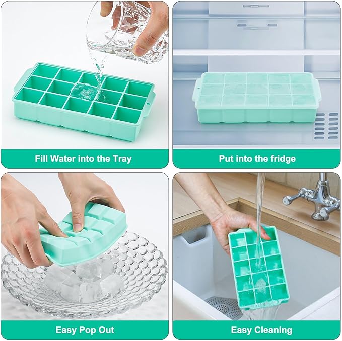Ice Cube Tray, Ice Tray for Freezer with Lid, 2 Pack Silicone Ice Cube Trays for Freezer with15 Flexible Easy Release Ice Trays