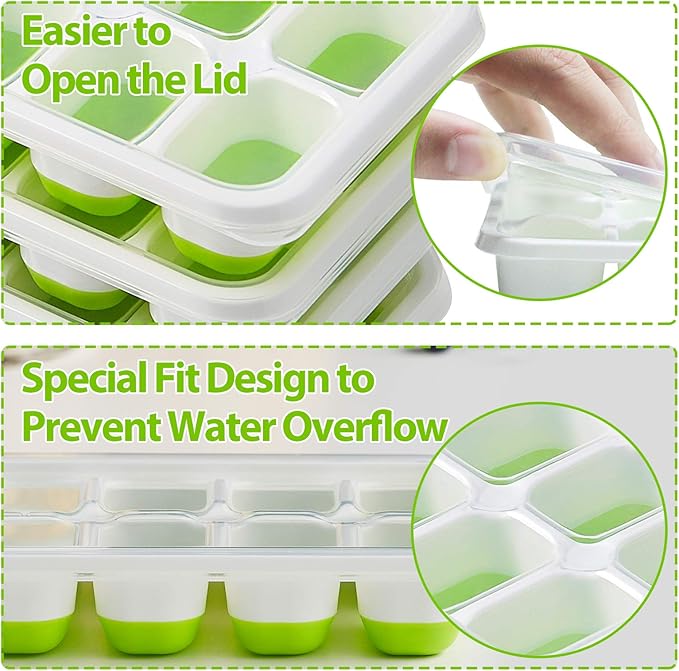 Ice Cube Trays 4 Pack, 56 pcs Silicone Ice Cubes Tray Maker with Spill-Resistant Removable Lid, Easy Release & Pop out, Stackable Flexible, for Soup. Food, Cocktail, Coffee