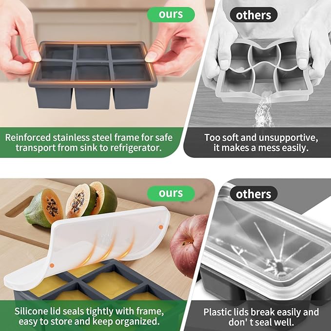 Large Ice Cube Tray for Whiskey:Silicone Ice Cube Trays with Lid - 2Pack Big Square Old Fashioned Ice Cube Maker for Cocktail - 2inch Huge Cubed Ice Trays for Whisky