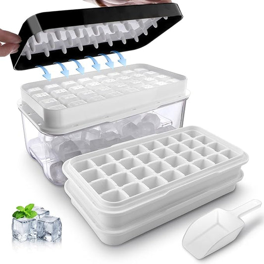 Ice Trays for Freezer with Lid and Bin,Ice Cube Trays for Freezer with 2 Trays,Easy Release 64 Pcs Ice for Chilling Cocktails Whiskey, BPA Free (Black)