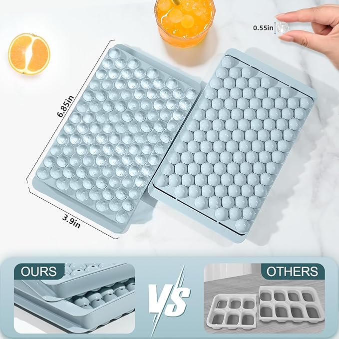 Mini Ice Cube Trays, Small Tiny Round Pebble Crushed Nugget Ice Trays for Freezer with Lid - Chilling Drinks Coffee Juice(2 Pack/0.55In - Blue)