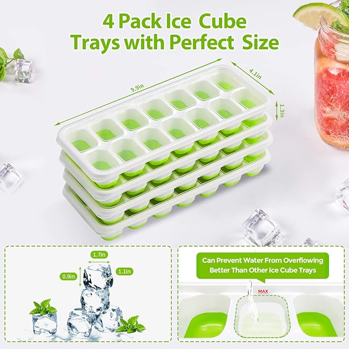 Ice Cube Trays 4 Pack, 56 pcs Silicone Ice Cubes Tray Maker with Spill-Resistant Removable Lid, Easy Release & Pop out, Stackable Flexible, for Soup. Food, Cocktail, Coffee