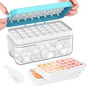 Ice Cube Tray with Lid and Bin, 64 pcs Ice Trays for Freezer, Ice Cube Trays for Freezer with 2 trays, Container, Lid & Ice Scoop, BPA Free