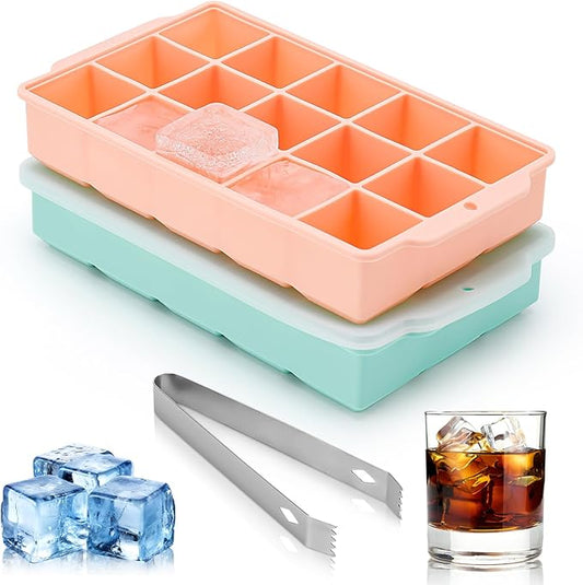 Ice Cube Tray, Ice Tray for Freezer with Lid, 2 Pack Silicone Ice Cube Trays for Freezer with15 Flexible Easy Release Ice Trays