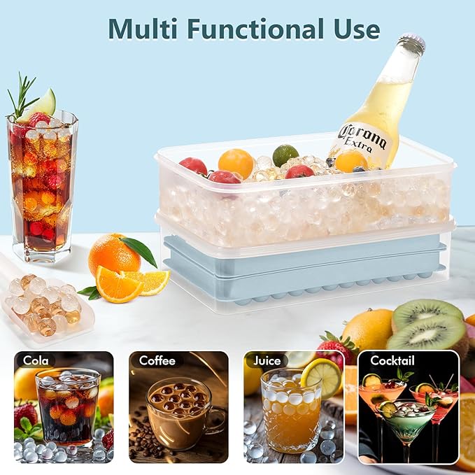 Mini Ice Cube Trays, Small Tiny Round Pebble Crushed Nugget Ice Trays for Freezer with Lid - Chilling Drinks Coffee Juice(2 Pack/0.55In - Blue)