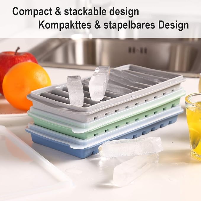 3 PCS Ice Cube Tray, Long Ice Stick Tray Silicone with Lid, Rectangular Narrow Stick, Reusable, Flexible, Easy Release, for Small Mouth Sport Bottles, Juice Bottles, Cocktail Parties