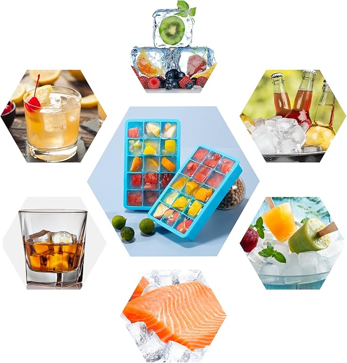 2 Pack Ice Cube Trays,  Silicone Easy Release Flexible Molds 15 Ice Cubes Tray for Freezer，Cocktail，Whiskey，Reusable & BPA Free