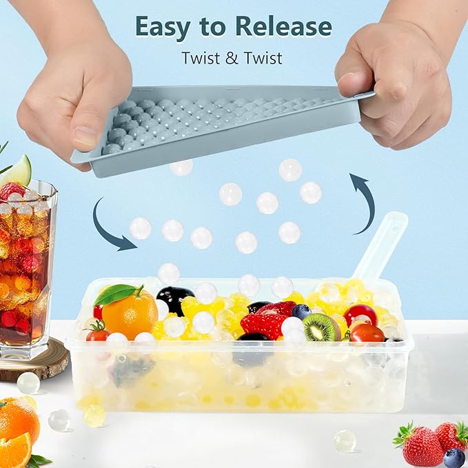 Mini Ice Cube Trays, Small Tiny Round Pebble Crushed Nugget Ice Trays for Freezer with Lid - Chilling Drinks Coffee Juice(2 Pack/0.55In - Blue)
