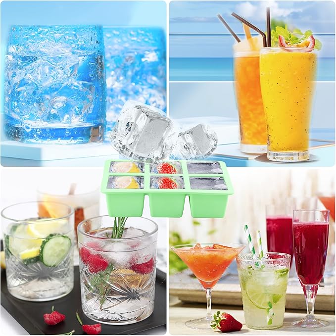 Large Ice Cube Tray for Freezer with Lid, 2Pack Silicone Ice Cube Trays, Big Square Ice Cube Maker for Cocktails, Coffee, Bartender Accessories BPA-Free & Dishwasher (Green)