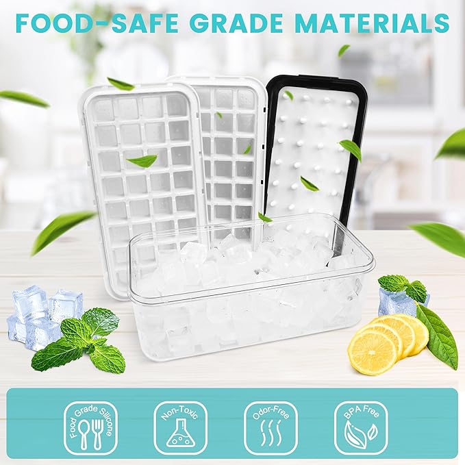 Ice Trays for Freezer with Lid and Bin,Ice Cube Trays for Freezer with 2 Trays,Easy Release 64 Pcs Ice for Chilling Cocktails Whiskey, BPA Free (Black)