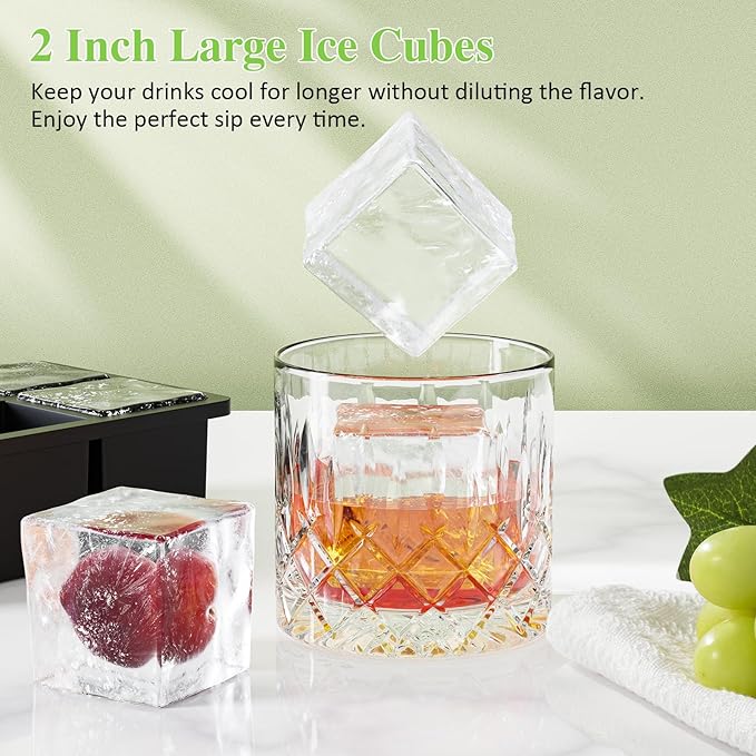 Large Ice Cube Tray for Whiskey: 2inch Big Silicone Ice Trays with Lid for Whisky - 3Pack Old Fashioned Ice Cube Trays for Cocktail - Huge Square Cubed Bourbon Ice Cube Maker