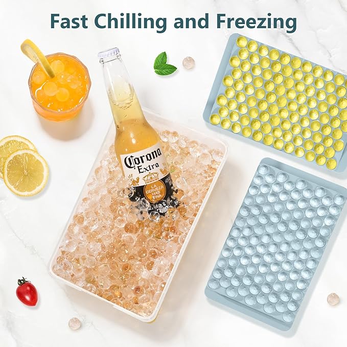 Mini Ice Cube Trays, Small Tiny Round Pebble Crushed Nugget Ice Trays for Freezer with Lid - Chilling Drinks Coffee Juice(2 Pack/0.55In - Blue)